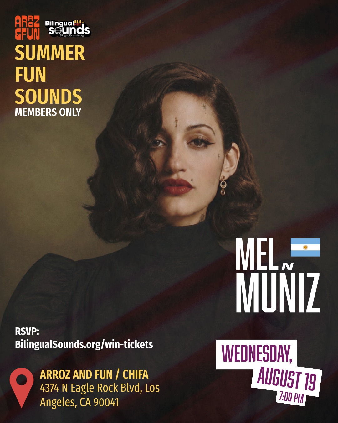 Arroz and Fun + Bilingual Sounds Presents: Mel Muñiz on Wednesday, August 19
